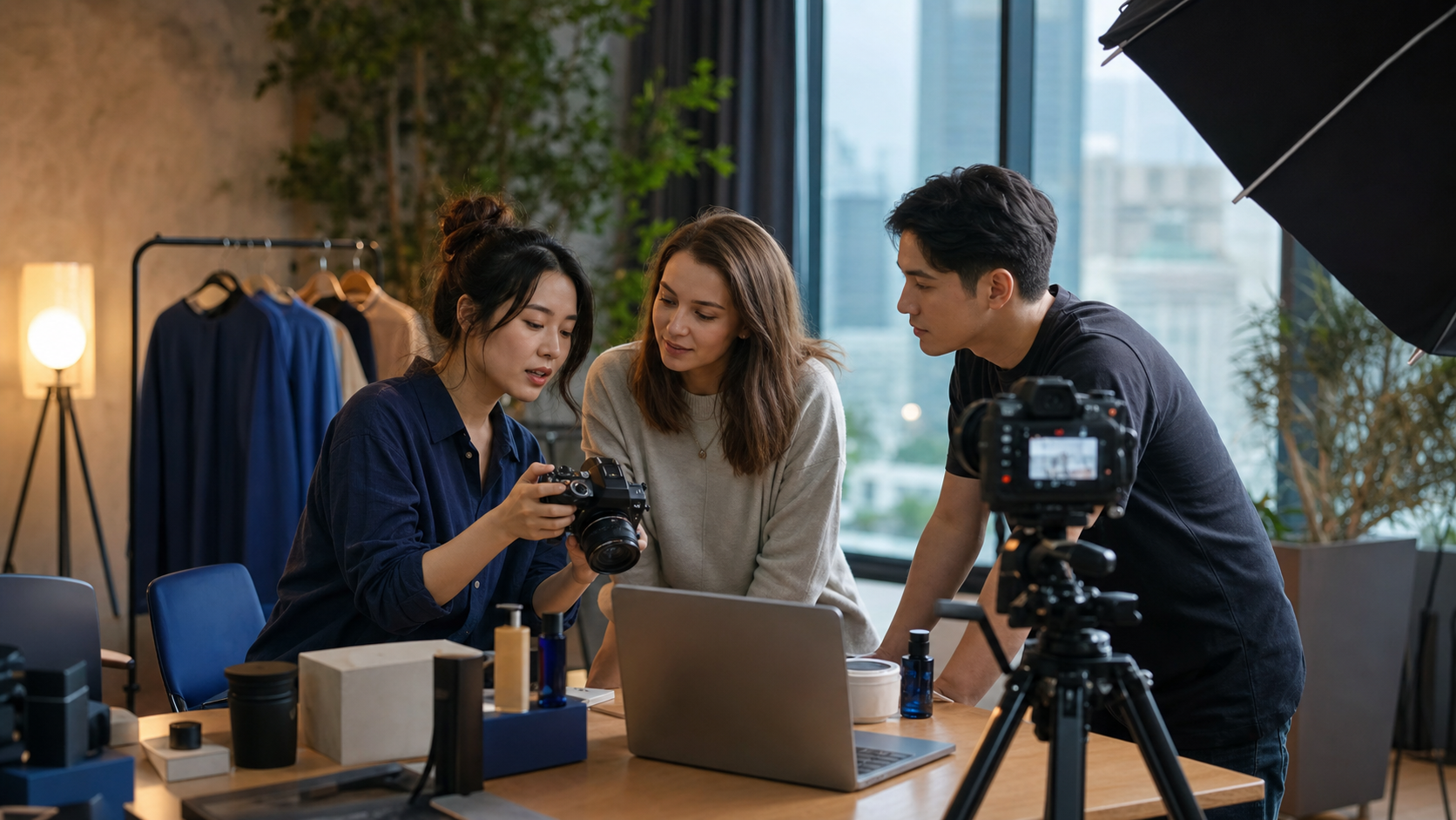 A multicultural team preparing a digital commerce campaign in a creative studio