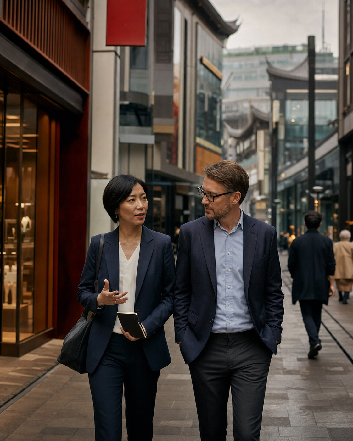 Cross-cultural business professionals exploring an Asian retail district together